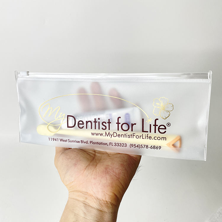 slim frosted PVC toothbrush pouch with white slider and dental print - view 5