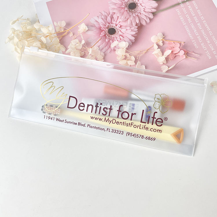 slim frosted PVC toothbrush pouch with white slider and dental print - view 6