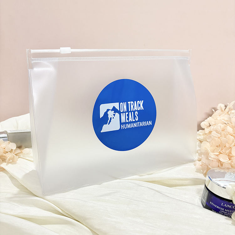 custom frosted PVC cosmetic pouch with white slider and blue logo