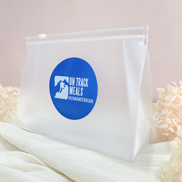 custom frosted PVC cosmetic pouch with white slider and blue logo - view 2