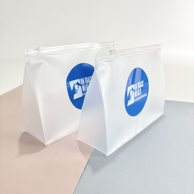 custom frosted PVC cosmetic pouch with white slider and blue logo - view 3