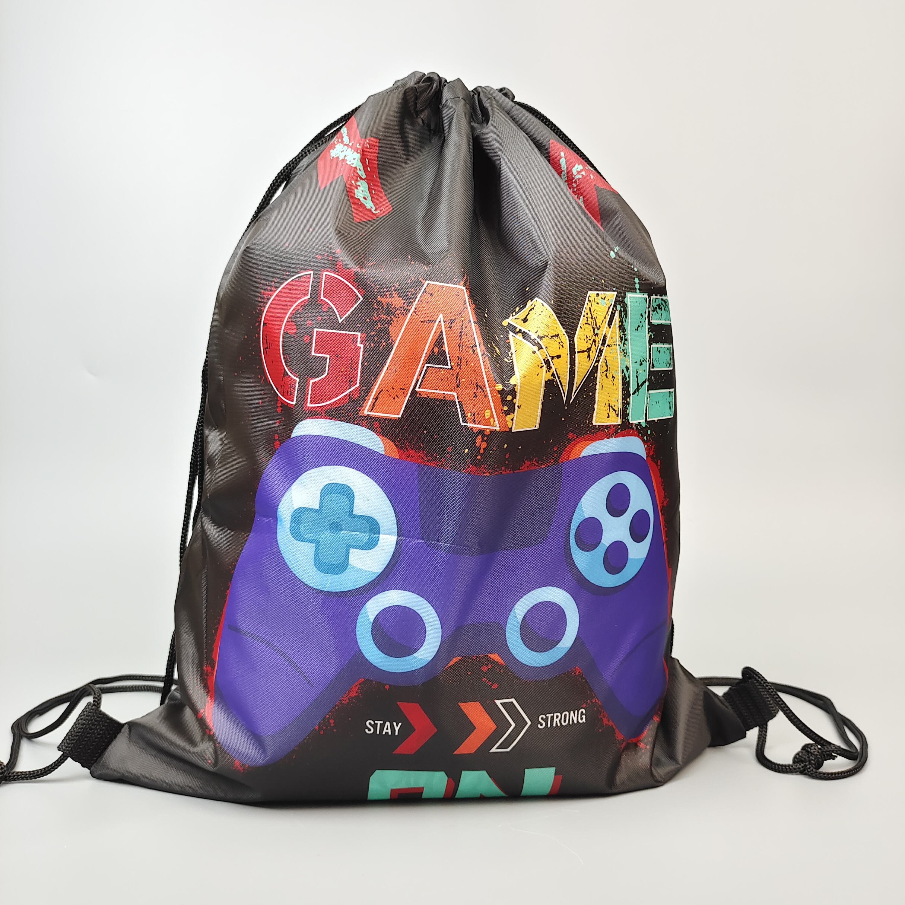 black polyester drawstring backpack with full-color gaming artwork