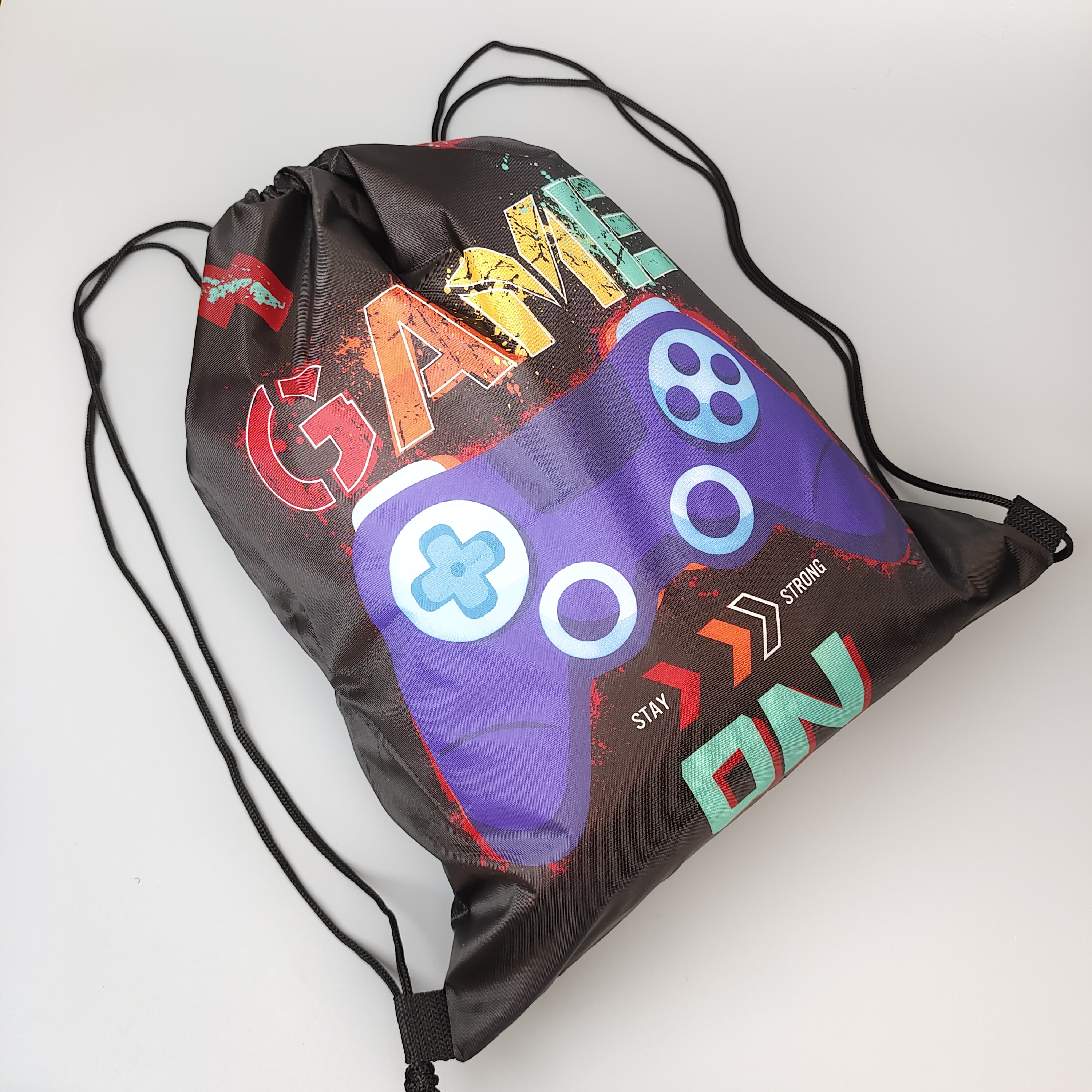 black polyester drawstring backpack with full-color gaming artwork - view 2