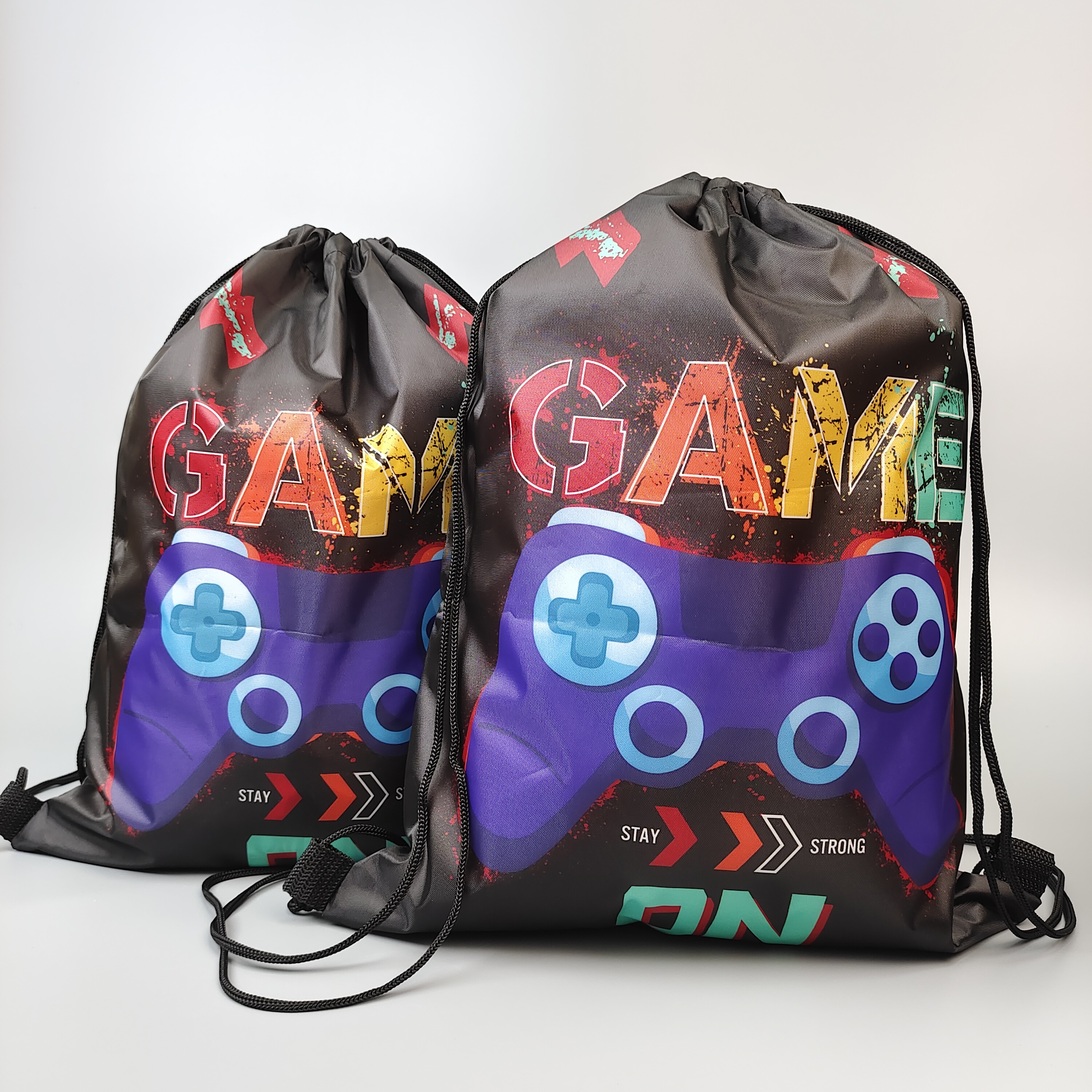 black polyester drawstring backpack with full-color gaming artwork - view 3
