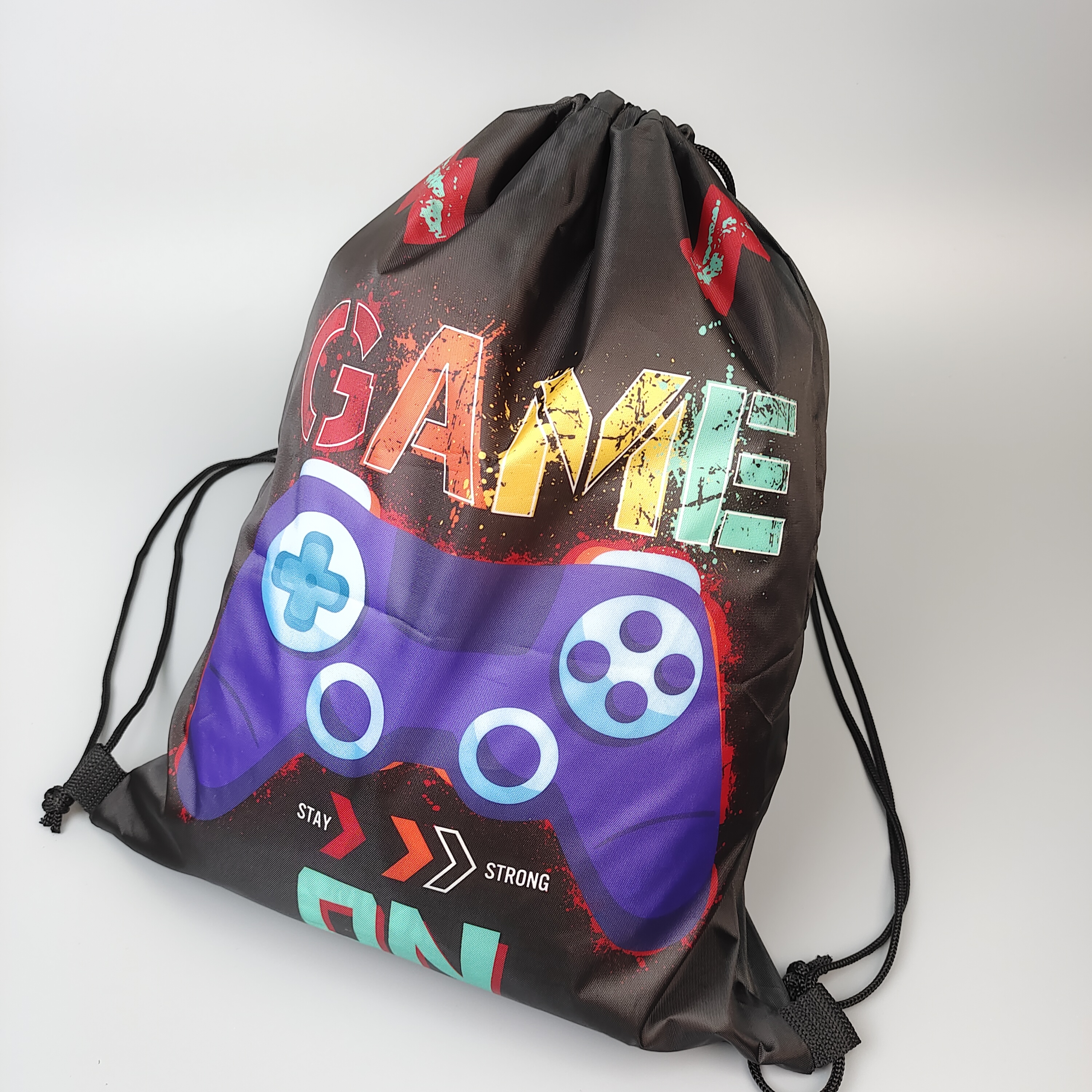 black polyester drawstring backpack with full-color gaming artwork - view 4