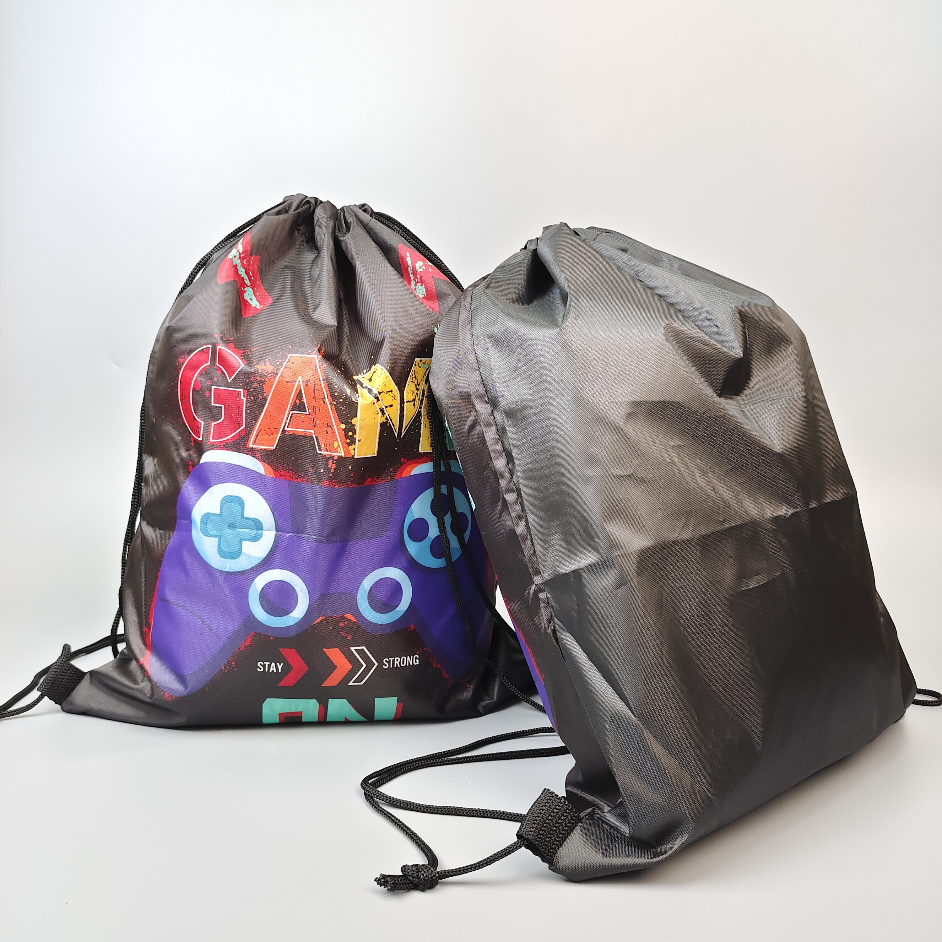 black polyester drawstring backpack with full-color gaming artwork - view 5