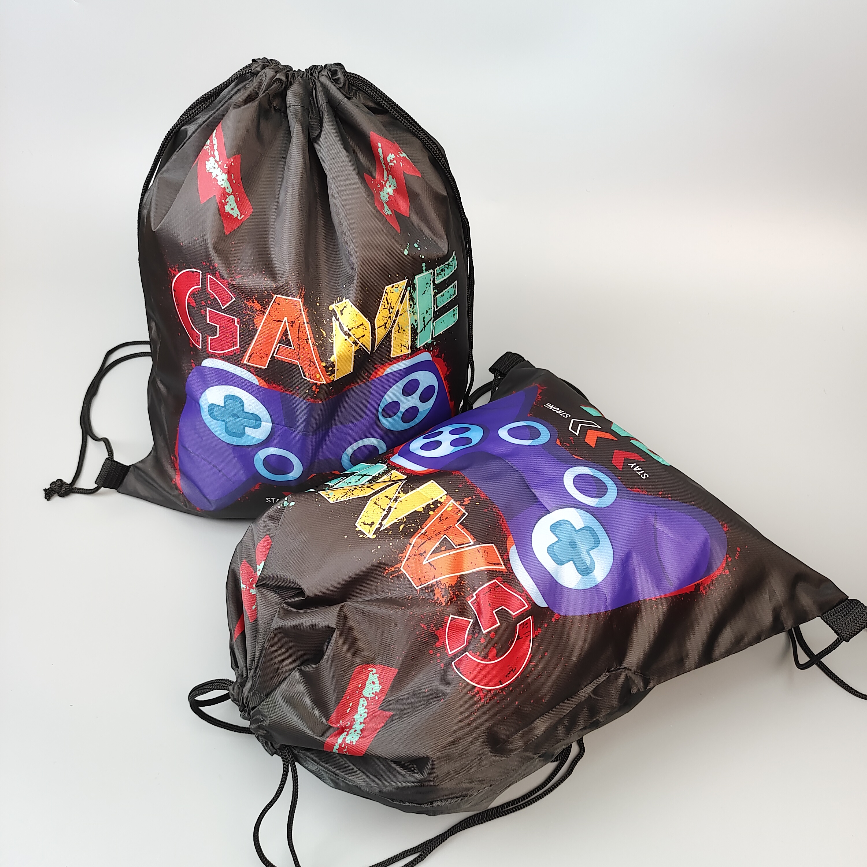 black polyester drawstring backpack with full-color gaming artwork - view 6