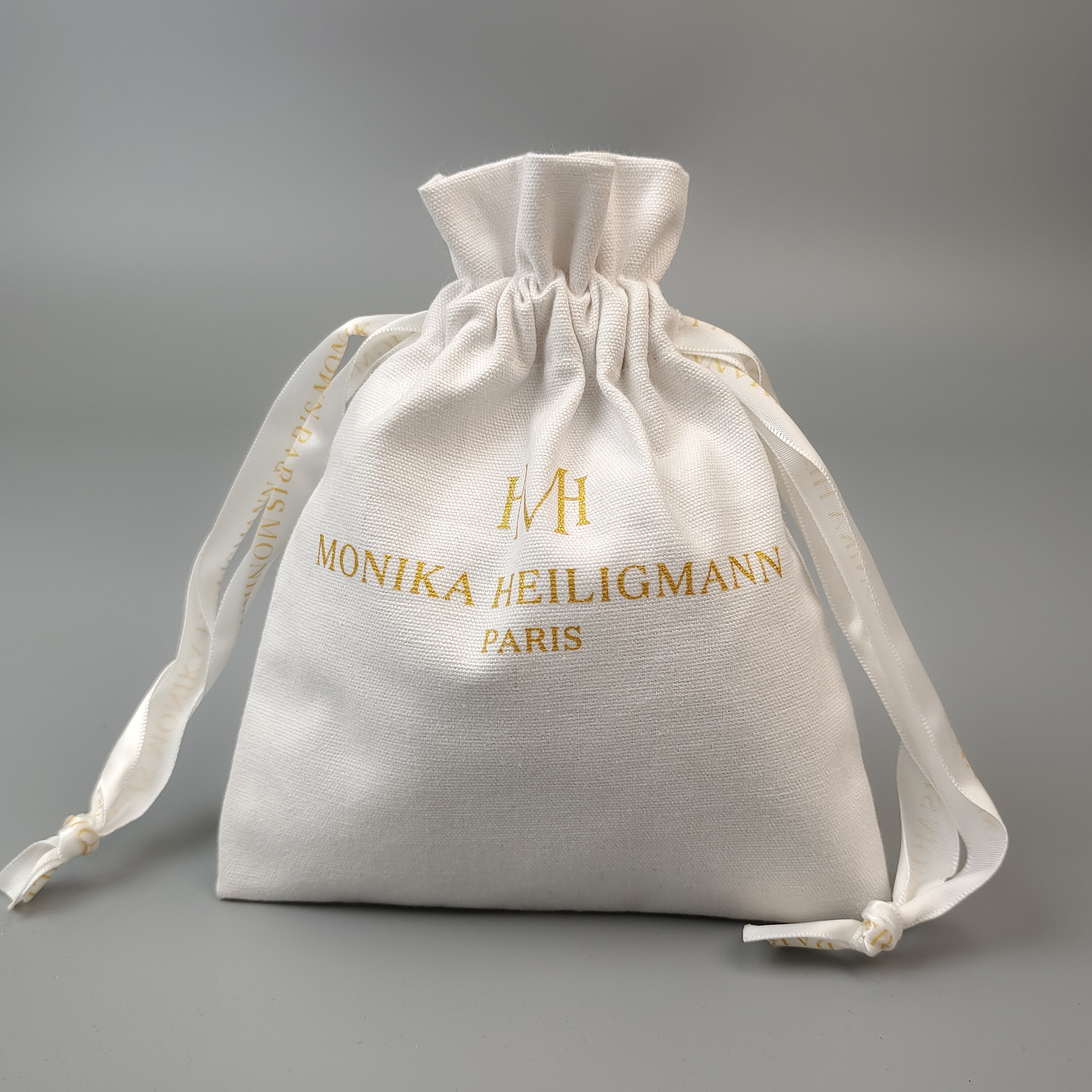 natural cotton drawstring pouch with metallic gold logo - view 6