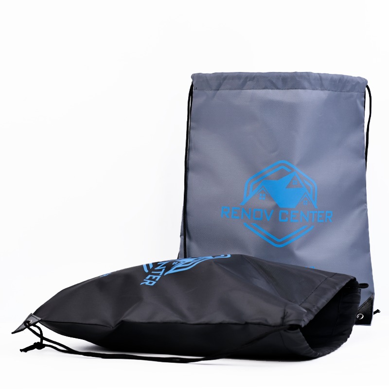 gray polyester drawstring backpack with blue printed logo - view 1