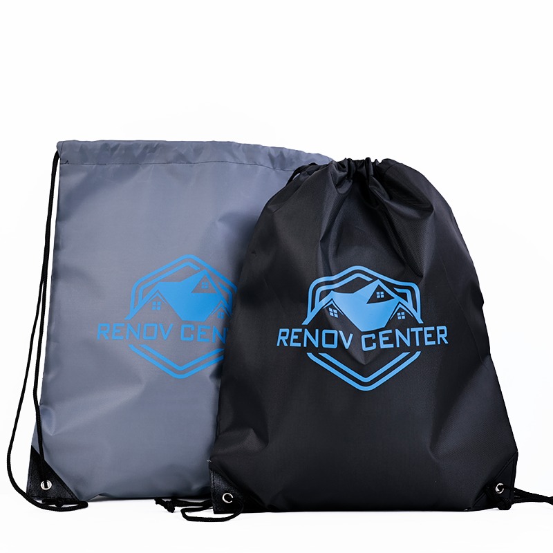 gray polyester drawstring backpack with blue printed logo - view 2