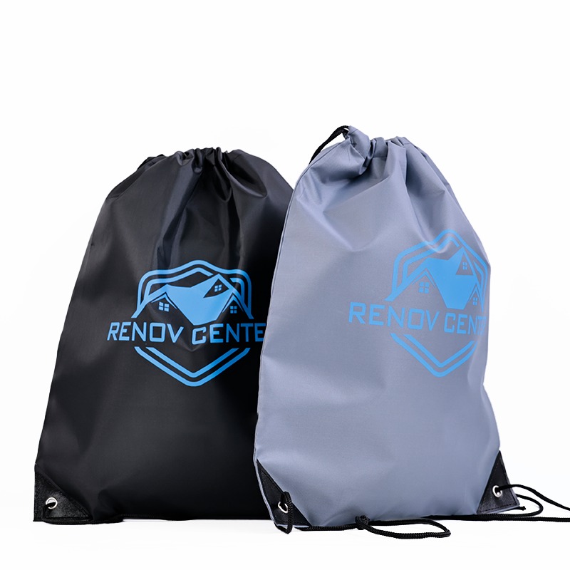 gray polyester drawstring backpack with blue printed logo - view 4