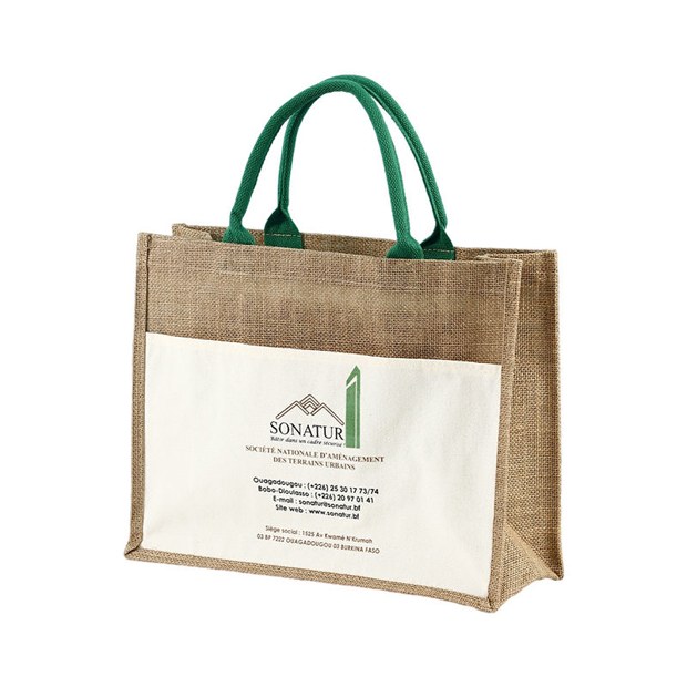 jute tote with canvas pocket and green handles product example