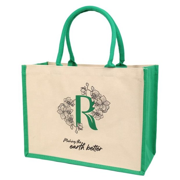 green monogram jute tote bag product example - view 1