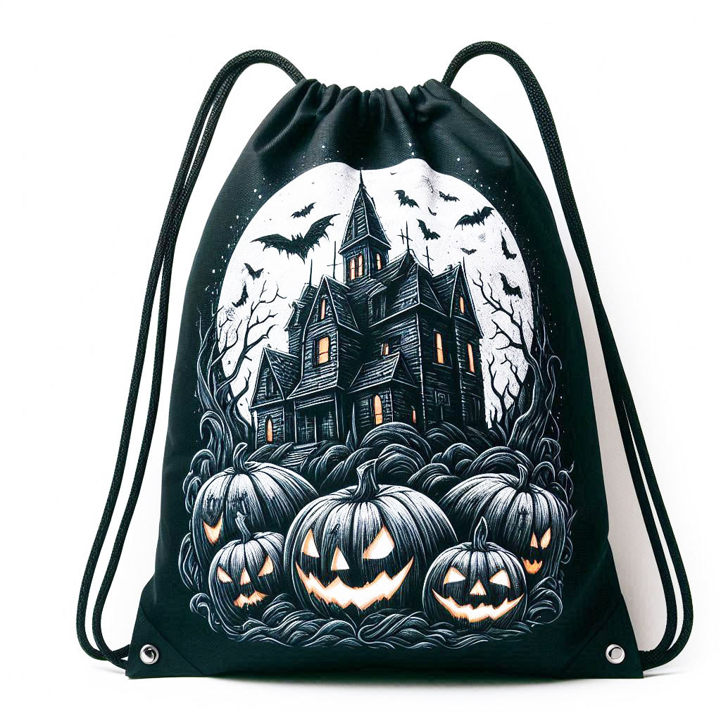 black custom Halloween polyester drawstring backpack with haunted house and pumpkin print