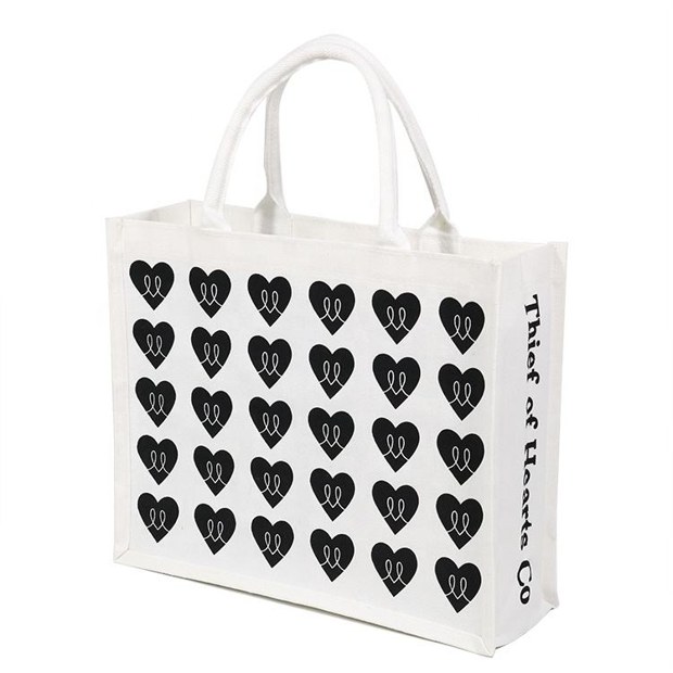 heart pattern white jute tote product example - view 1