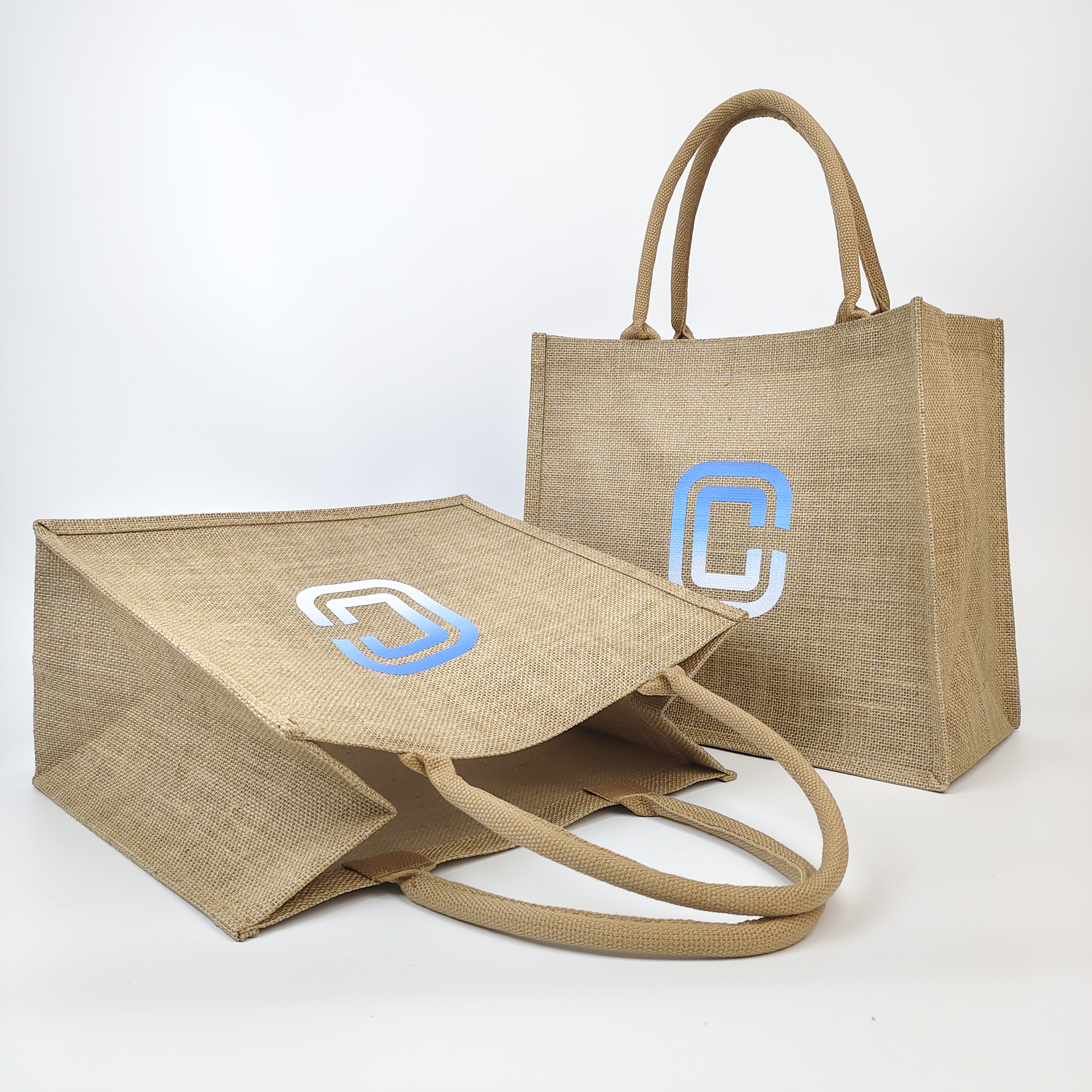 heat transfer printed natural jute tote bag with reinforced handles