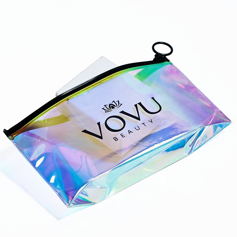 holographic bottom gusset PVC jewelry pouch with black ring pull