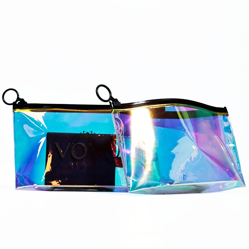 holographic bottom gusset PVC jewelry pouch with black ring pull - view 2