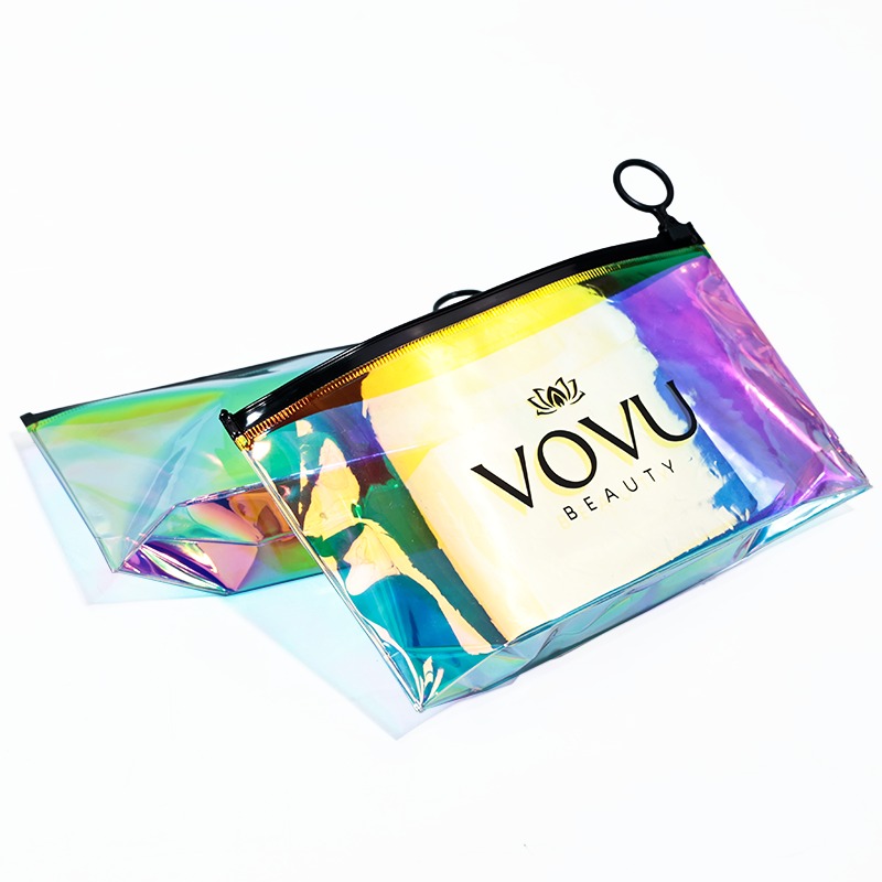 holographic bottom gusset PVC jewelry pouch with black ring pull - view 3