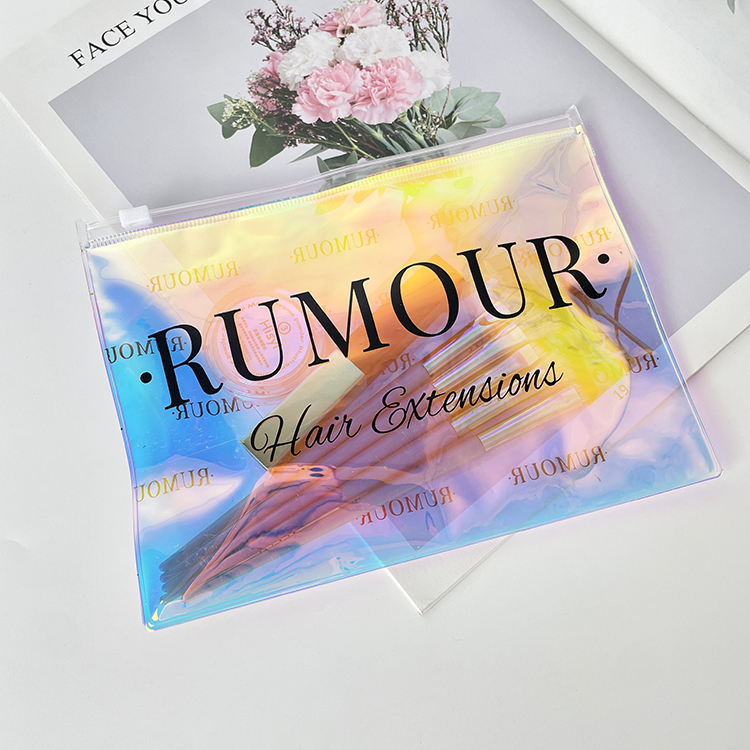 holographic PVC skincare pouch with white slider and black printed branding - view 2