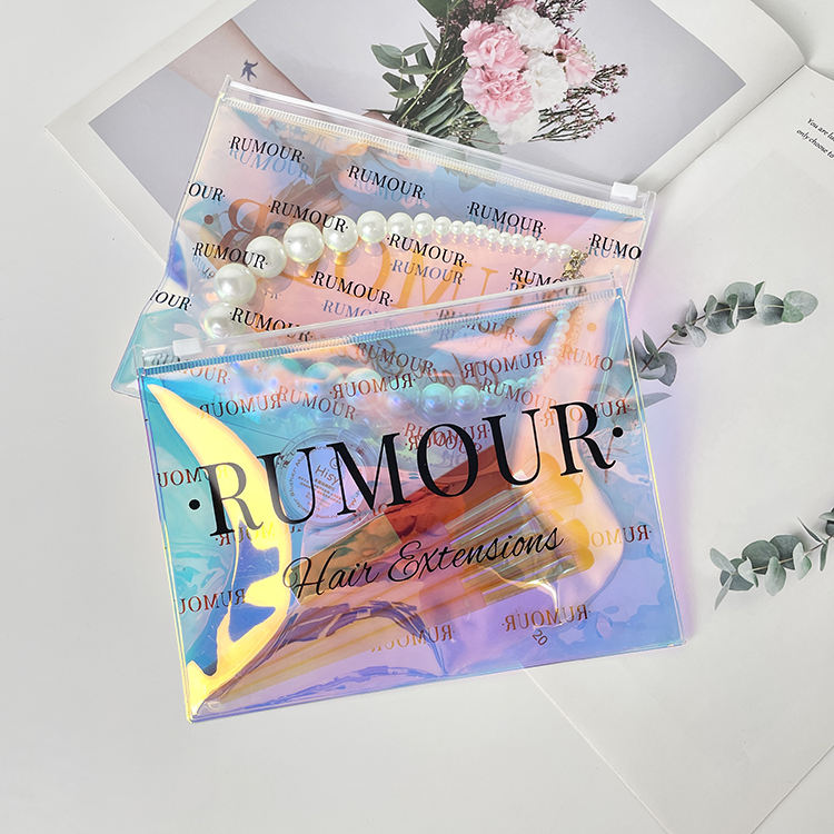 holographic PVC skincare pouch with white slider and black printed branding - view 3