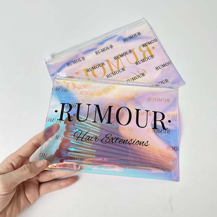 holographic PVC skincare pouch with white slider and black printed branding - view 4
