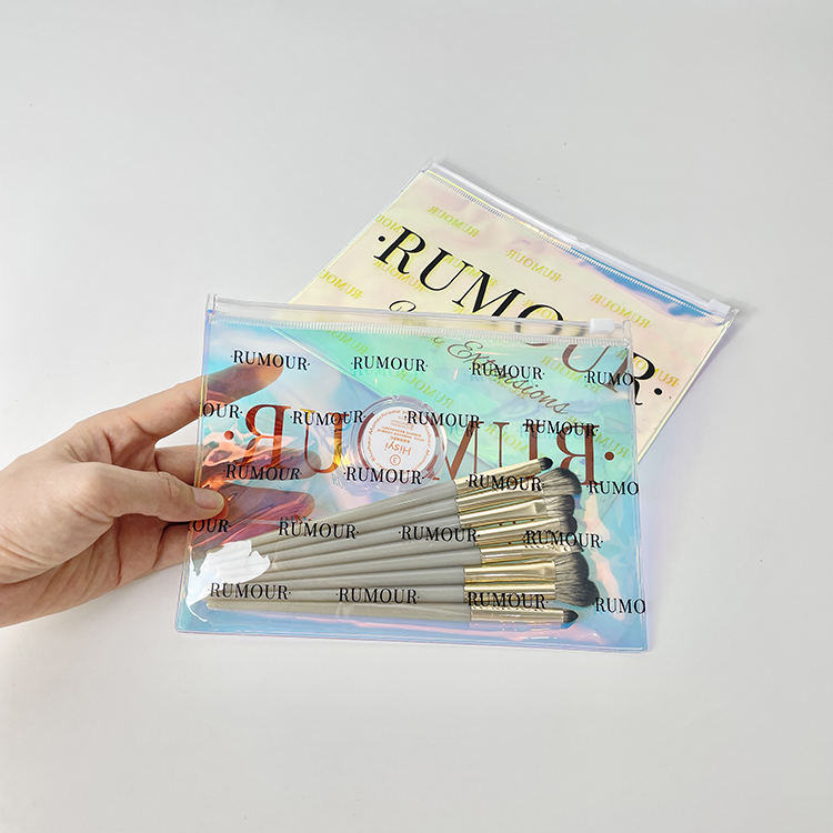 holographic PVC skincare pouch with white slider and black printed branding - view 5