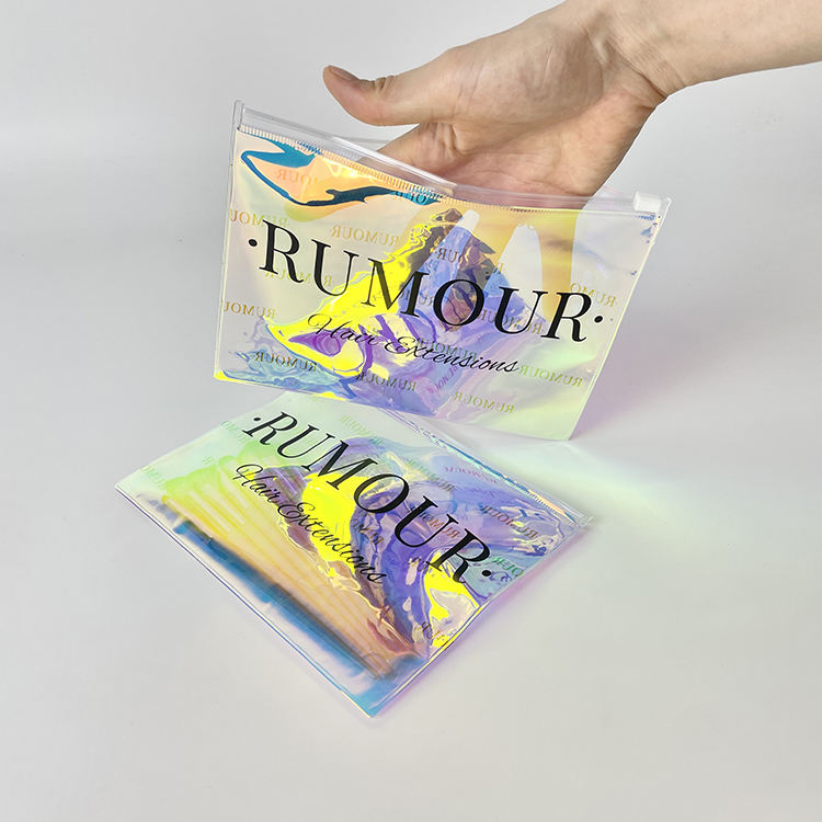 holographic PVC skincare pouch with white slider and black printed branding - view 6