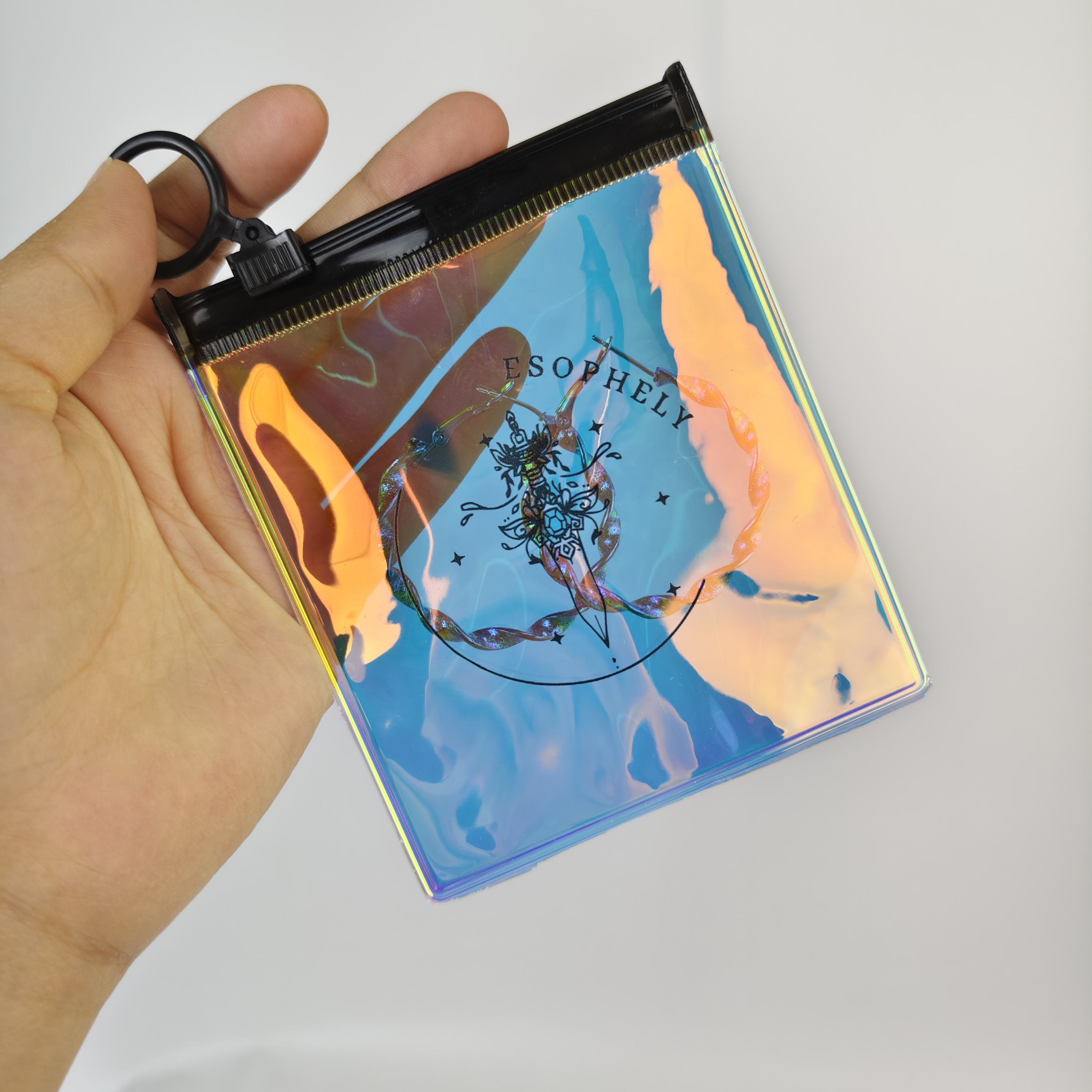printed iridescent PVC zipper pouches with black ring pulls - view 2