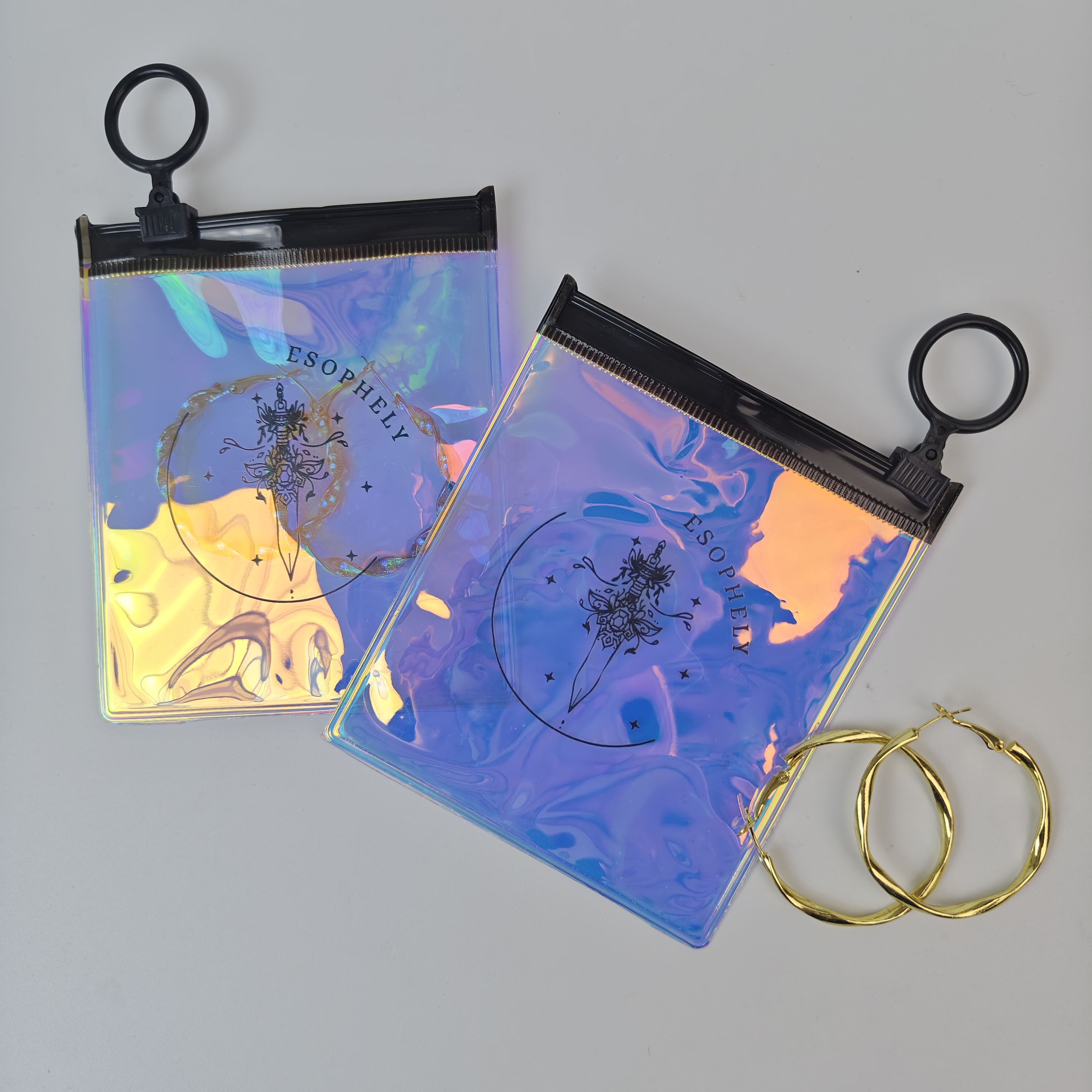 printed iridescent PVC zipper pouches with black ring pulls - view 3