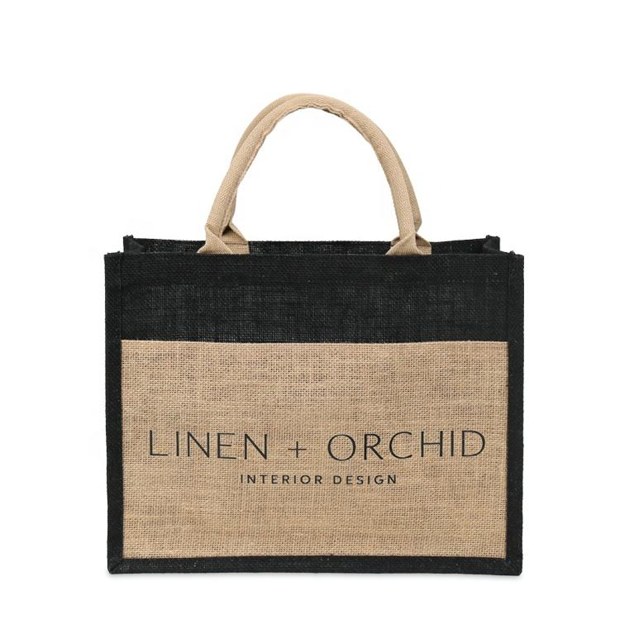 black panel logo jute tote product example