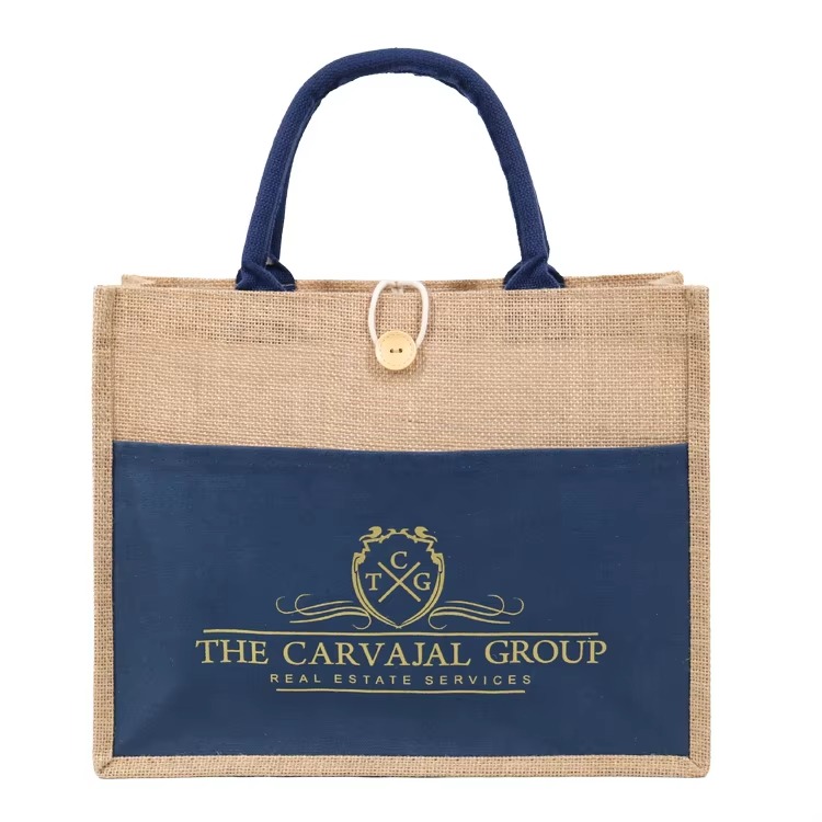 medium natural jute tote with white print product example - view 2
