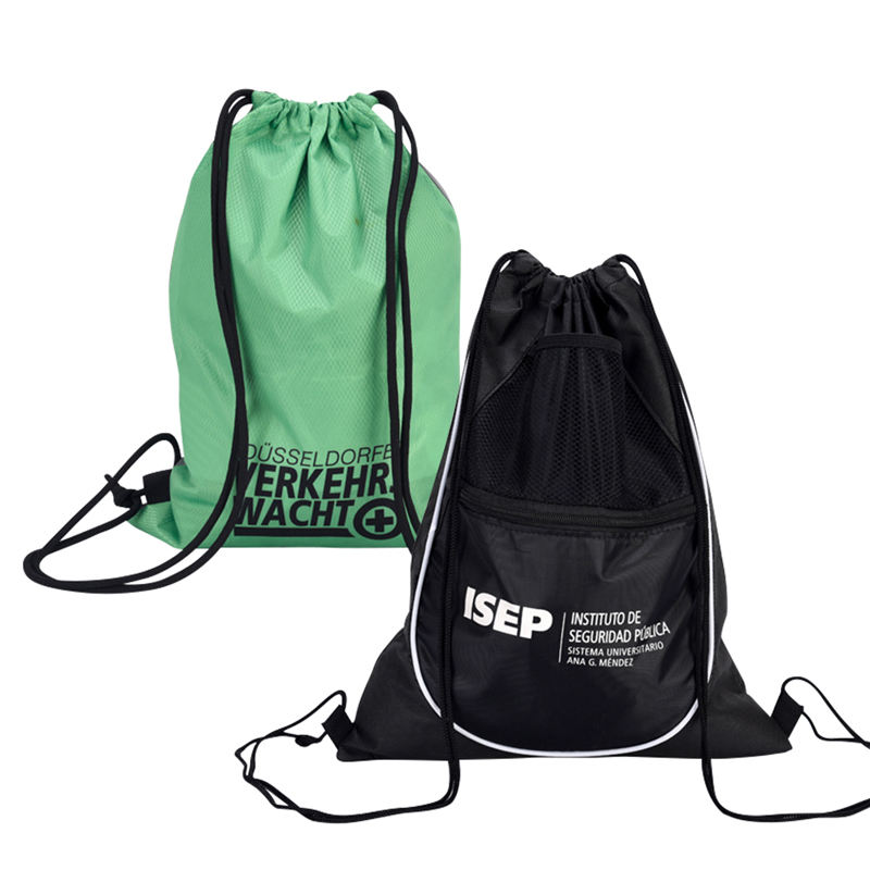 green and black polyester drawstring backpack set with front mesh pocket