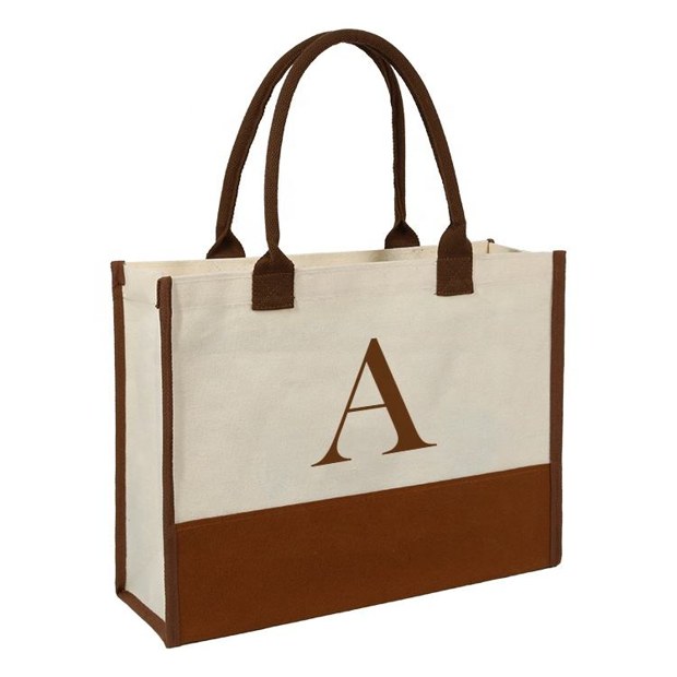 monogram panel jute tote bag product example - view 1