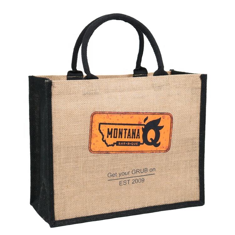 monogram panel jute tote bag product example - view 2