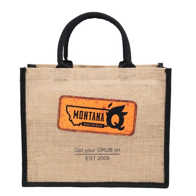 monogram panel jute tote bag product example - view 3