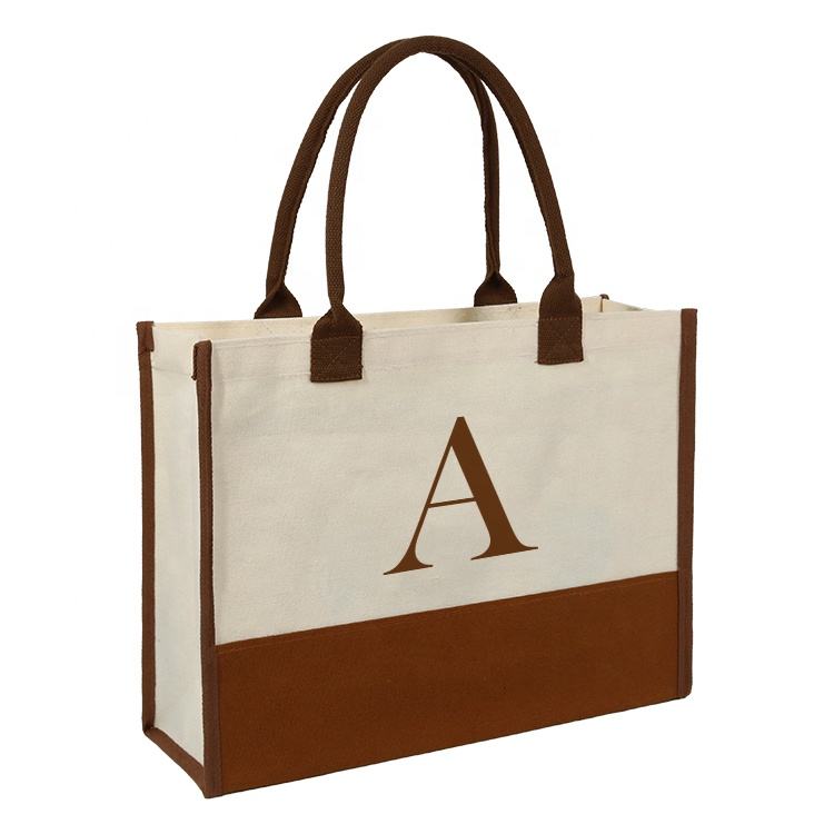 monogram panel jute tote bag product example - view 6
