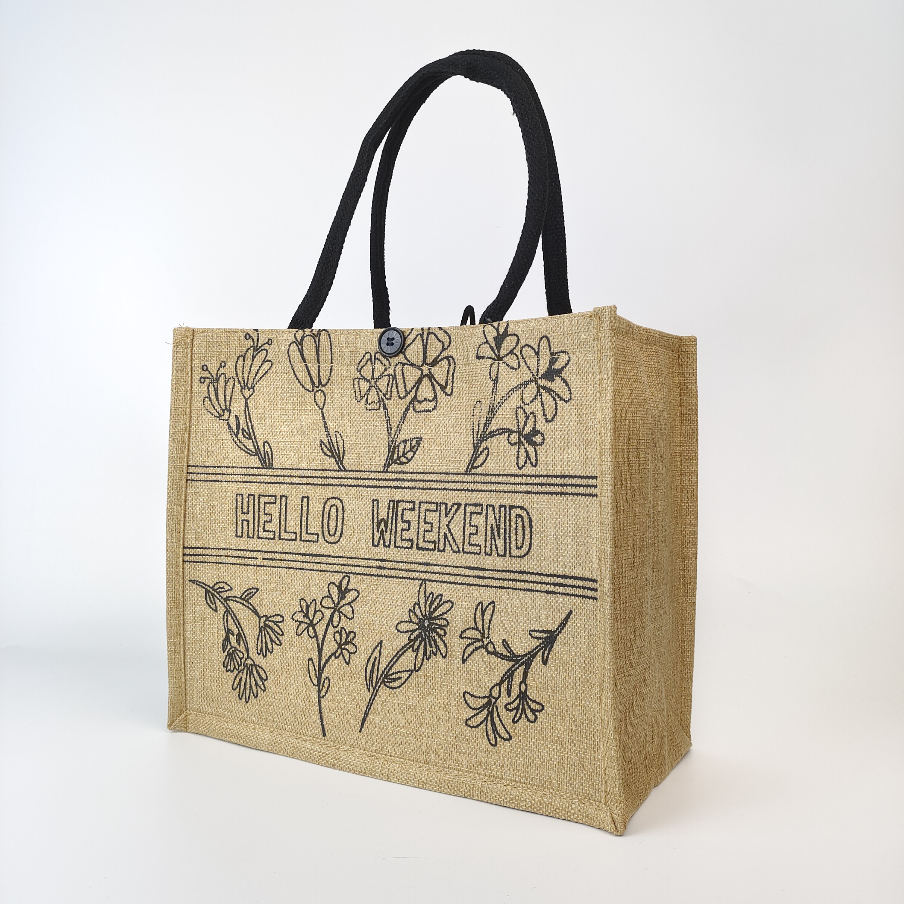 natural jute tote bag with repeated multi-logo printing