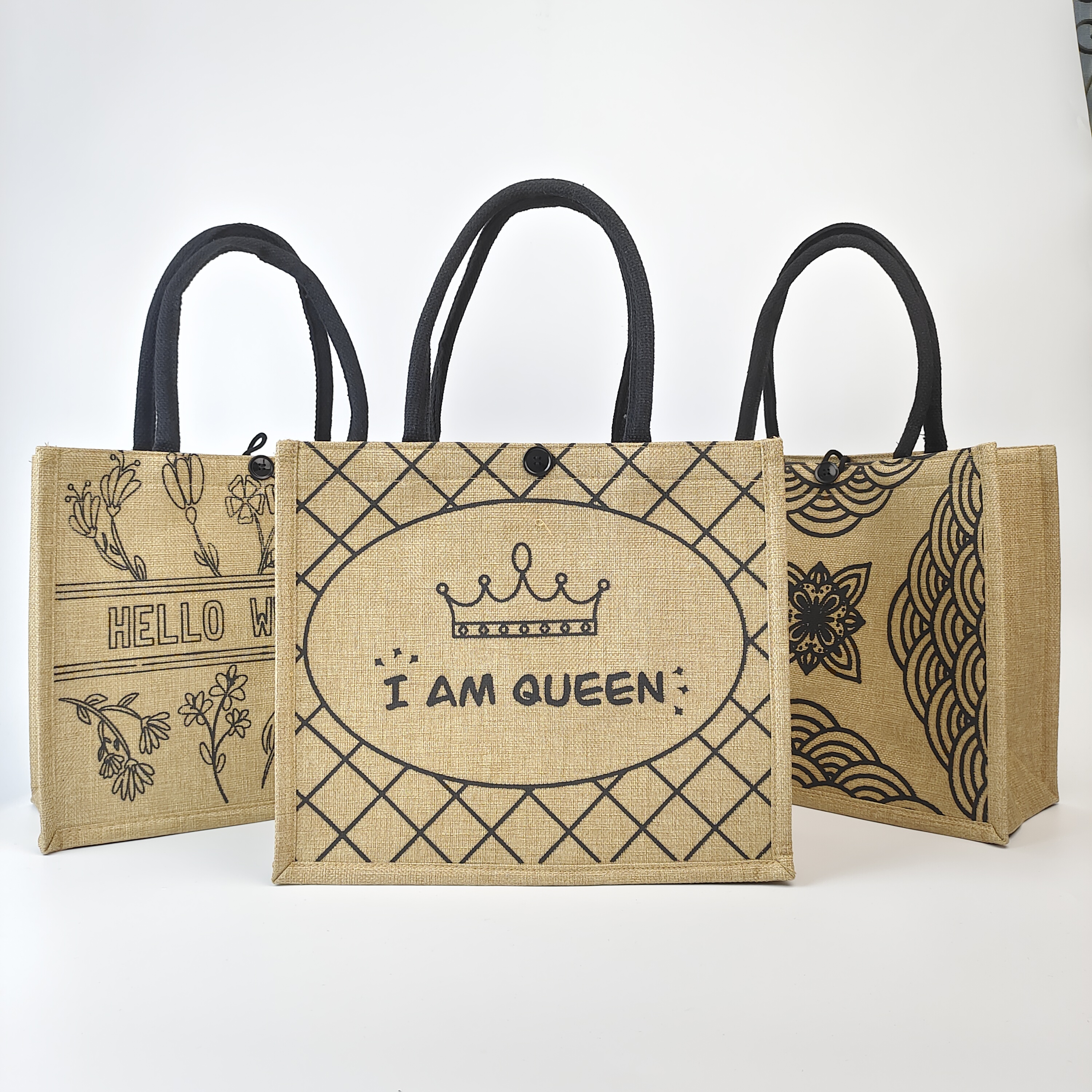 natural jute tote bag with repeated multi-logo printing - view 5