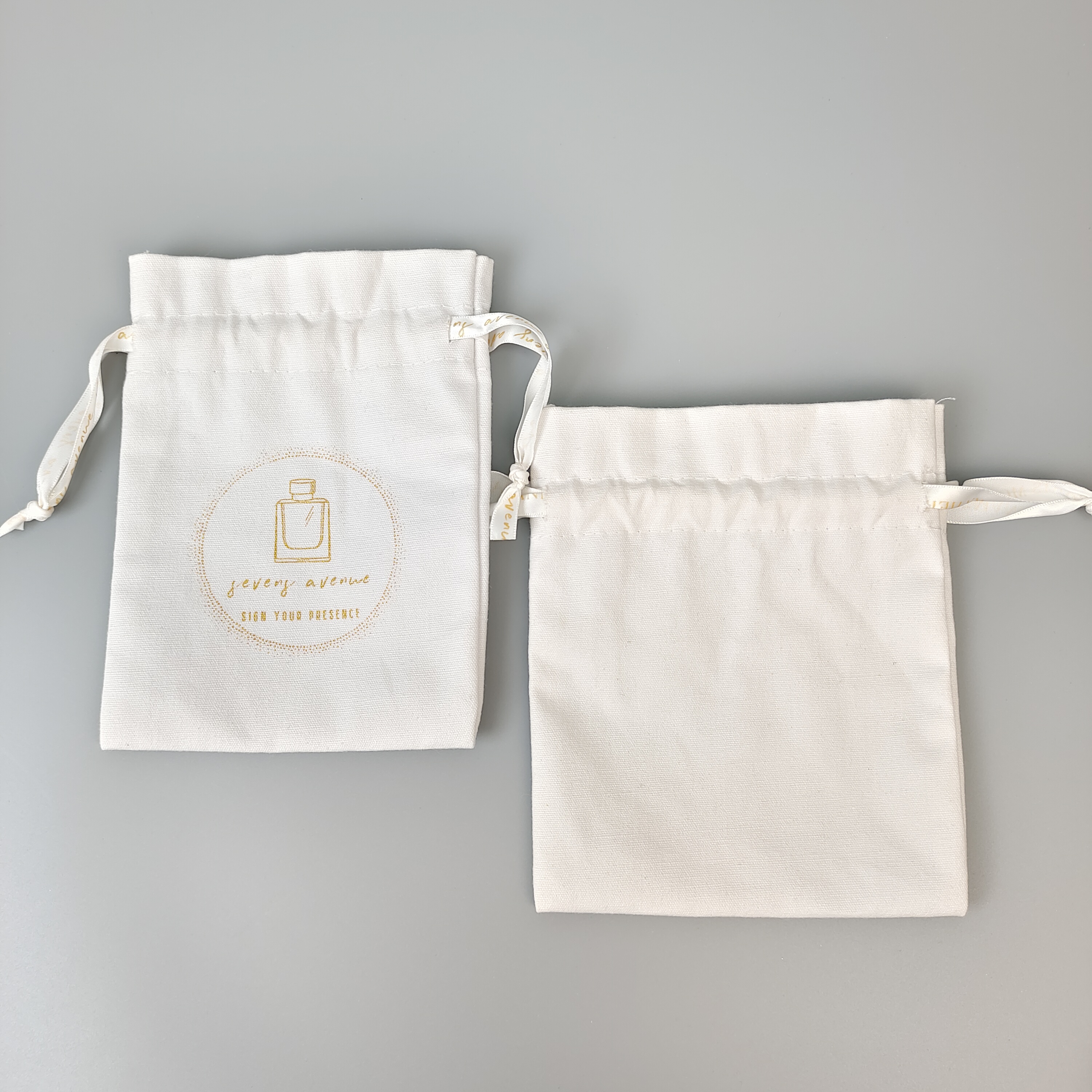 natural cotton drawstring pouch with black ribbon closure - view 2