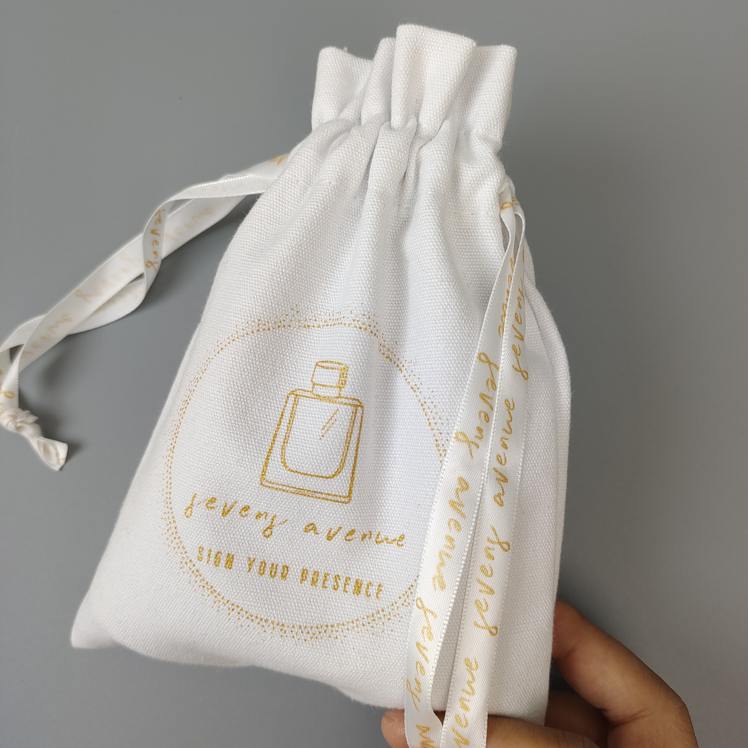 natural cotton drawstring pouch with black ribbon closure - view 3