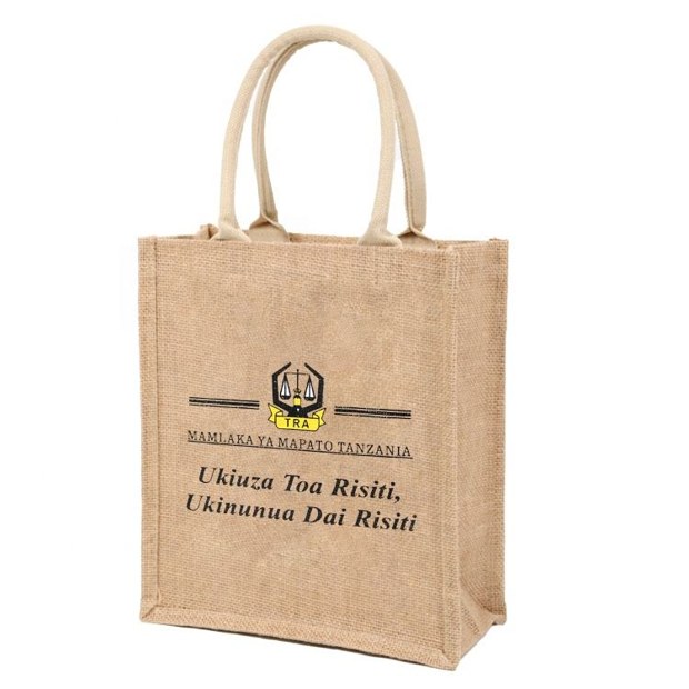 natural printed jute tote with long handles product example