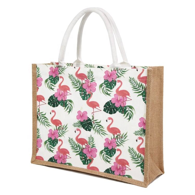 natural printed jute tote with long handles product example - view 5