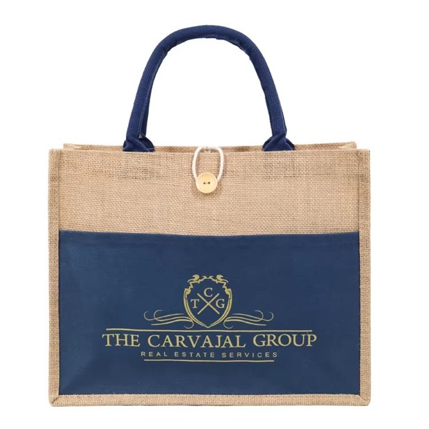 navy panel jute tote with button closure product example - view 1