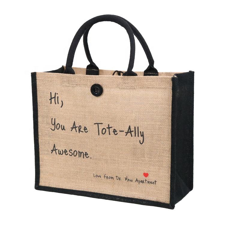 navy panel jute tote with button closure product example - view 6