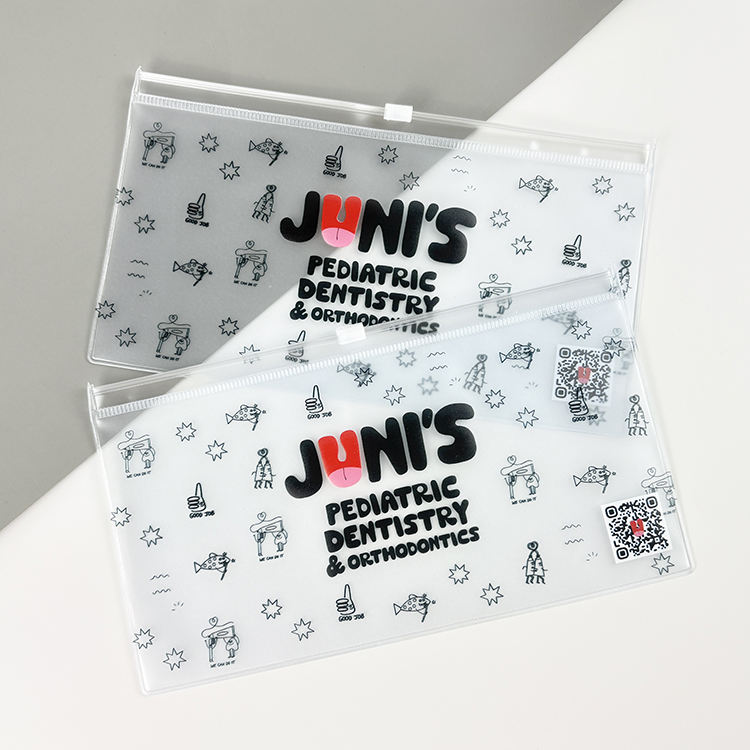 clear pediatric dental PVC pouch with all-over printed artwork