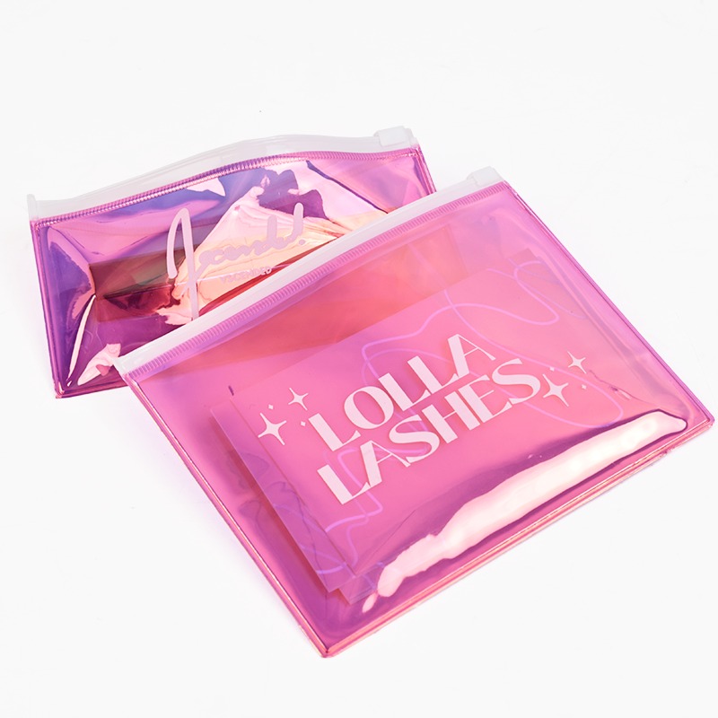 pink holographic PVC cosmetic zipper pouches on white background - view 3