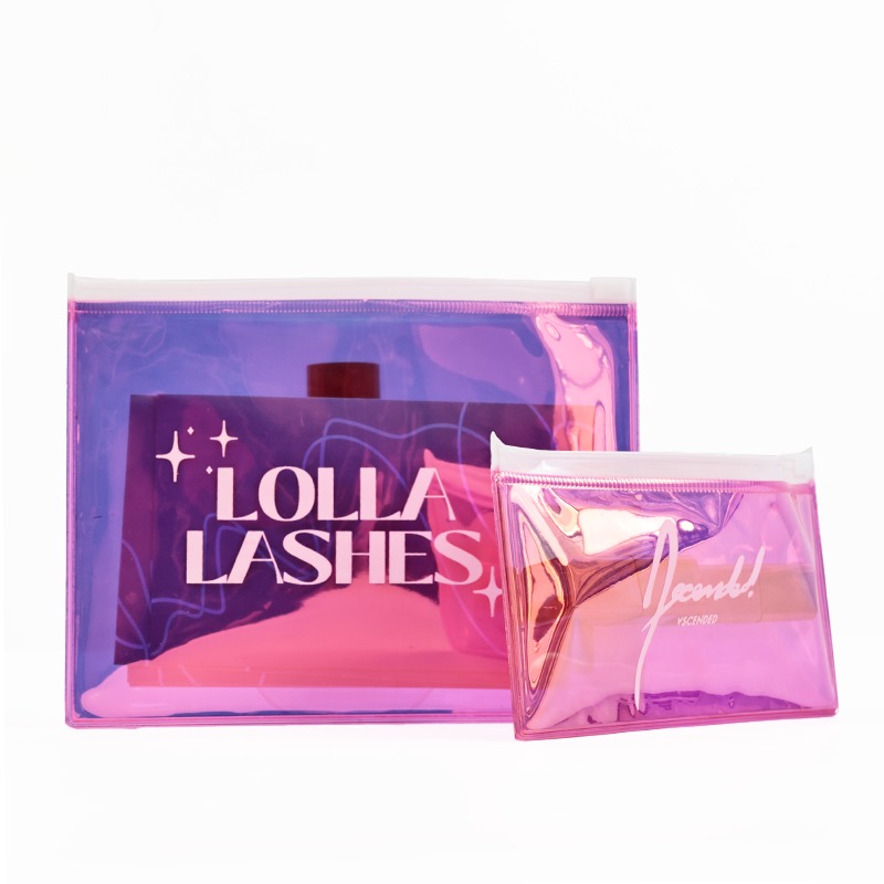 pink holographic PVC cosmetic zipper pouches on white background - view 4