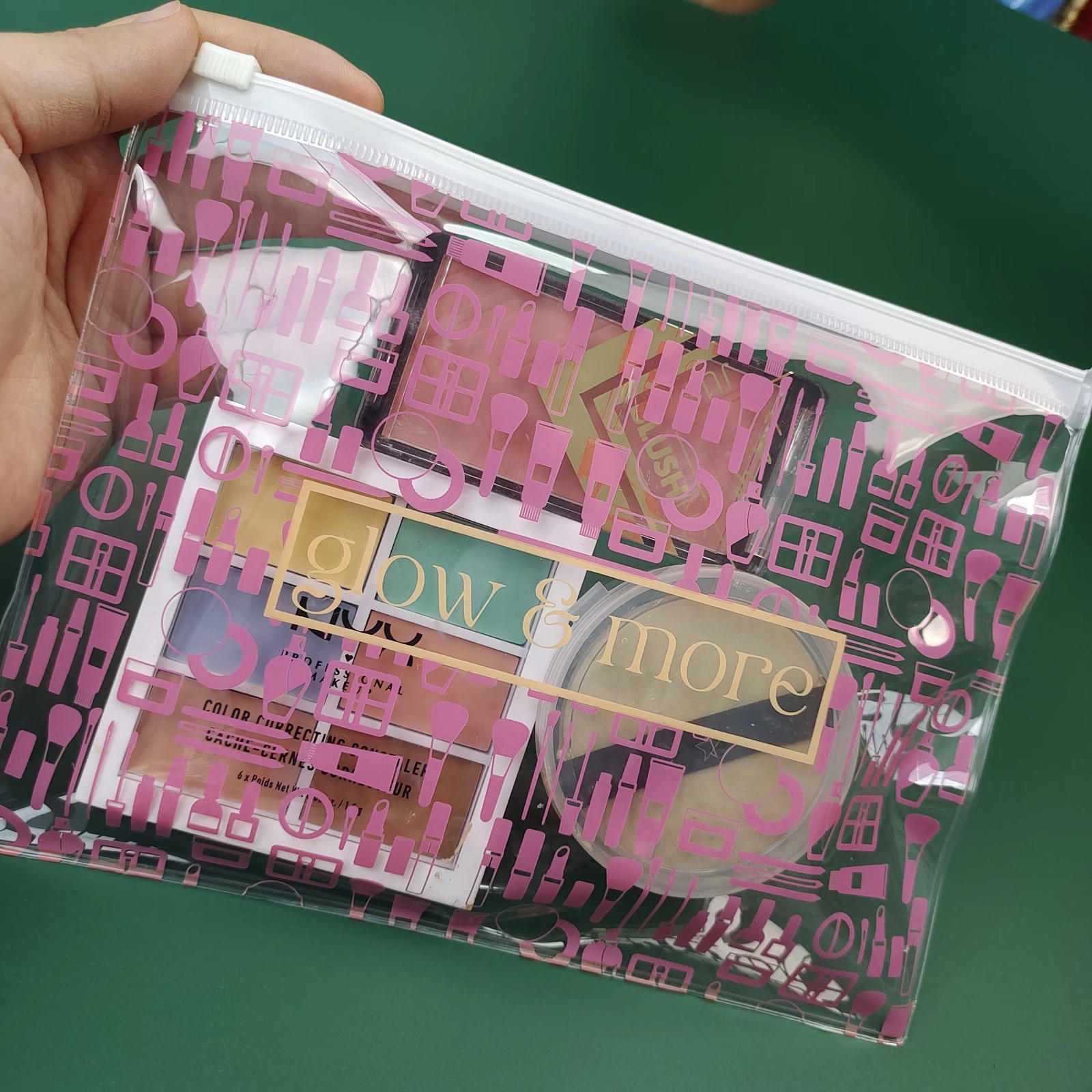 pink printed clear PVC makeup pouch with white slider zipper - view 3