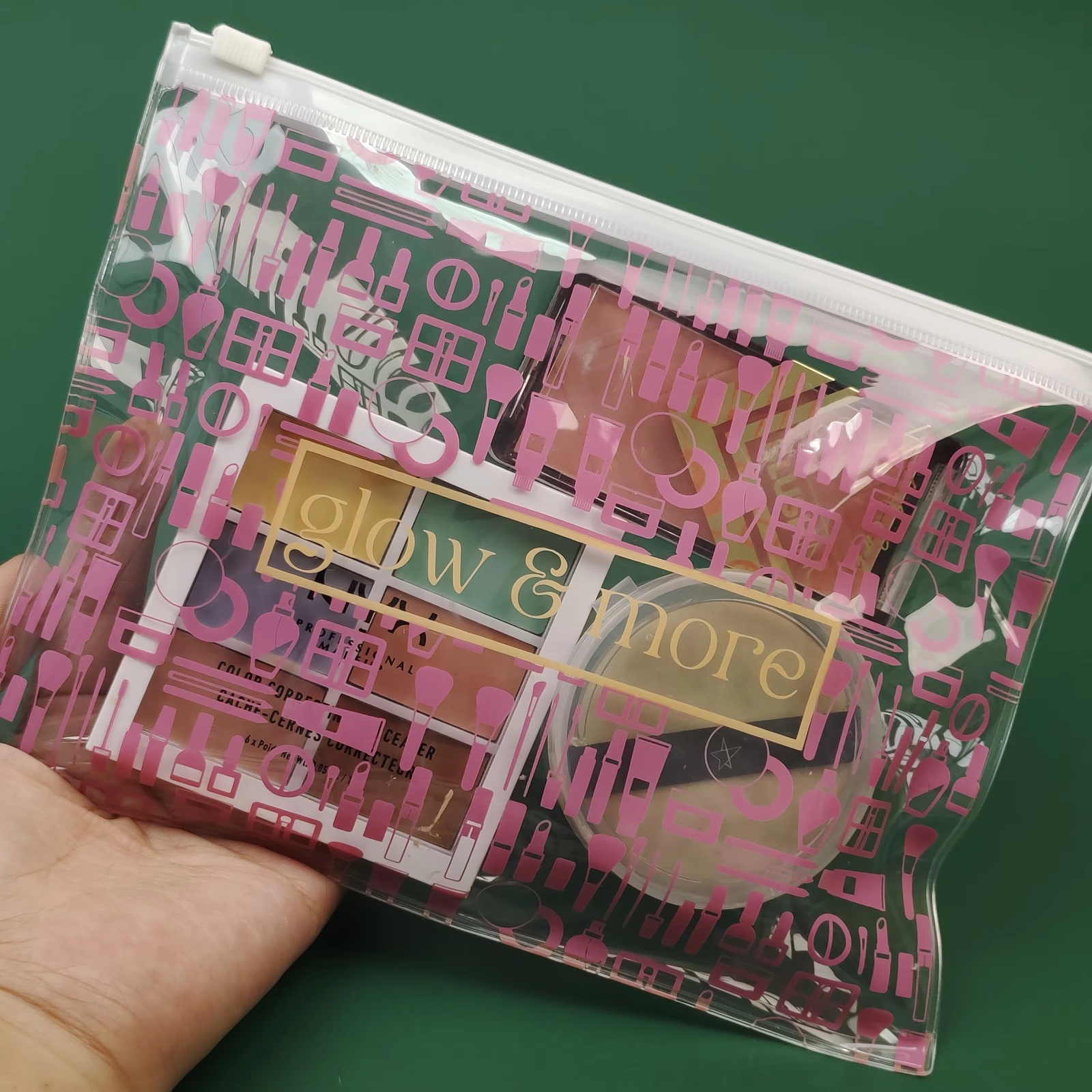 pink printed clear PVC makeup pouch with white slider zipper - view 4